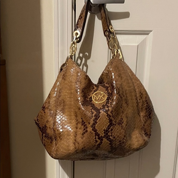 Michael Kors Tan and Brown Snake Print Hobo Bag - Picture 1 of 14